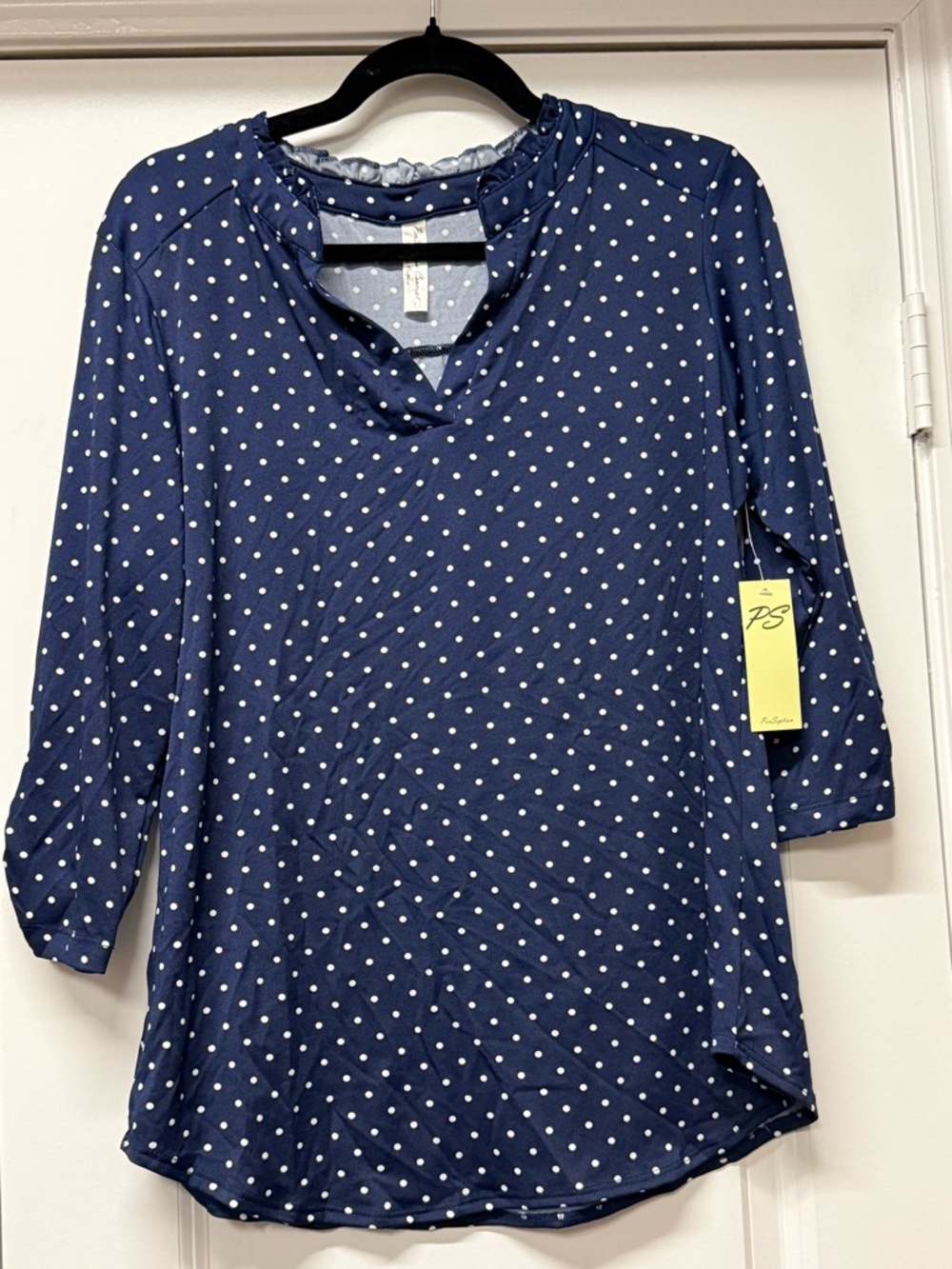 NWT Polka Dot Ruffle Neck Blouse | Navy Blue | 3/4 Sleeve | Size Large